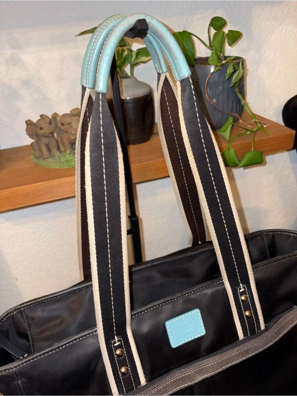 Coach Black Signature Nylon Tote | Blue Leather Trim | Large